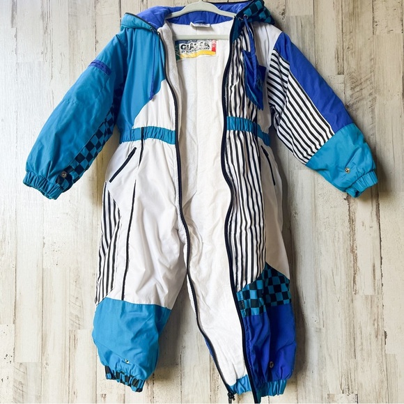 Rad Vintage 80s 90s Unisex Snowsuit Blue Checkered Striped Colorblock 24 mos - Picture 6 of 9